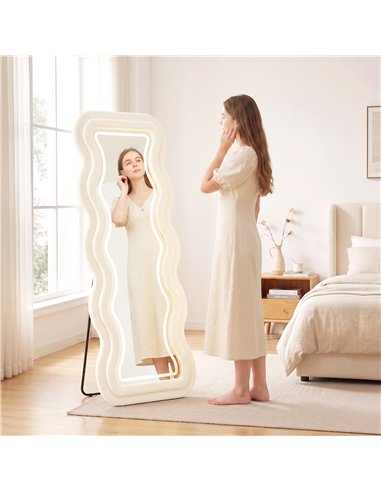 HOMCOM Full Length Mirror, 160 x 60 cm Wavy Full Body Wall Standing Mirror with Velvet Frame and LED Light Strip, Cream White
