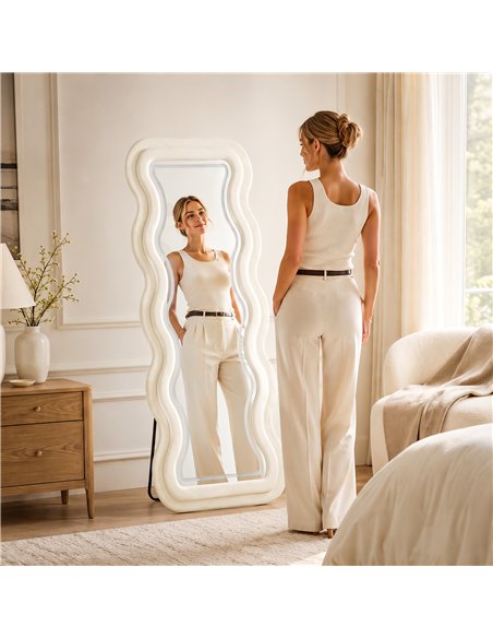 HOMCOM Full Length Mirror, 160 x 60 cm Wavy Full Body Wall Standing Mirror with Velvet Frame and LED Light Strip, Cream White - pic 209528 | FastDaddyshop