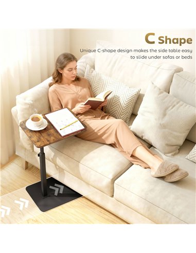HOMCOM C Shaped Side Table, Small End Table with Adjustable Height and Metal Base for Living Room, Bedroom, Rustic Brown