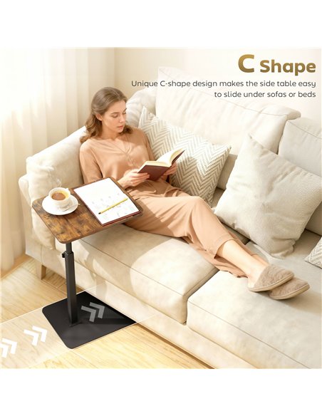 HOMCOM C Shaped Side Table, Small End Table with Adjustable Height and Metal Base for Living Room, Bedroom, Rustic Brown - pic 209568 | FastDaddyshop