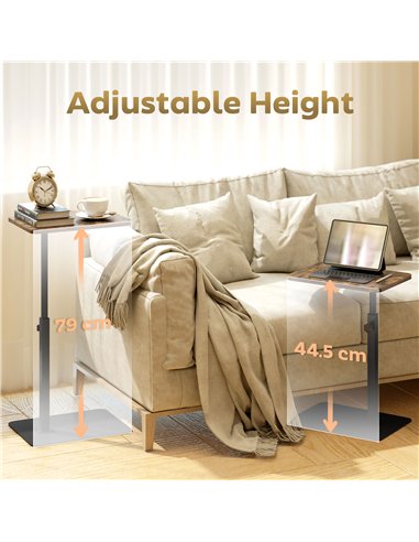 HOMCOM C Shaped Side Table, Small End Table with Adjustable Height and Metal Base for Living Room, Bedroom, Rustic Brown