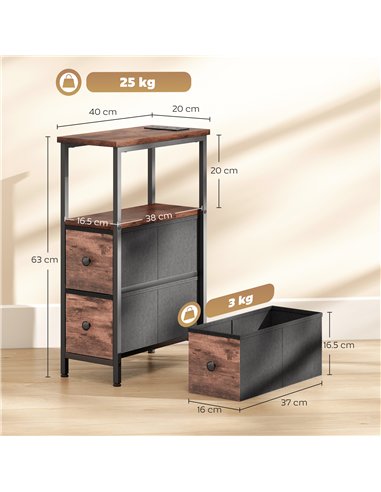 HOMCOM Side Table, Narrow Bedside Table with Charging Station, 2 Drawers, AC Outlet and 2 USB Ports for Living Room, Bedroom