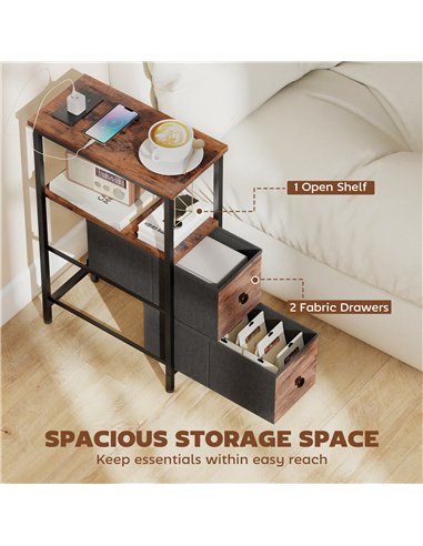 HOMCOM Side Table, Narrow Bedside Table with Charging Station, 2 Drawers, AC Outlet and 2 USB Ports for Living Room, Bedroom