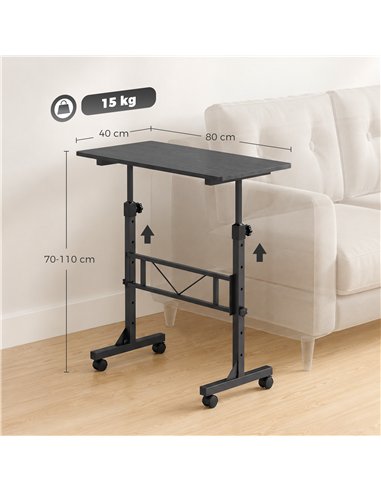 HOMCOM Overbed Table Adjustable Height Sofa Side Table with Wheels 80 x 40 cm Black