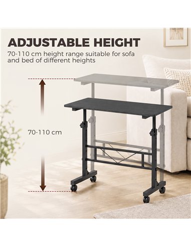 HOMCOM Overbed Table Adjustable Height Sofa Side Table with Wheels 80 x 40 cm Black