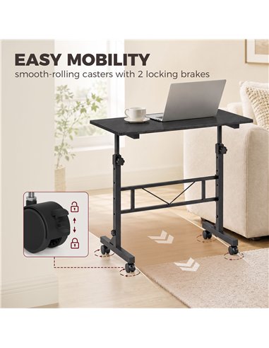 HOMCOM Overbed Table Adjustable Height Sofa Side Table with Wheels 80 x 40 cm Black