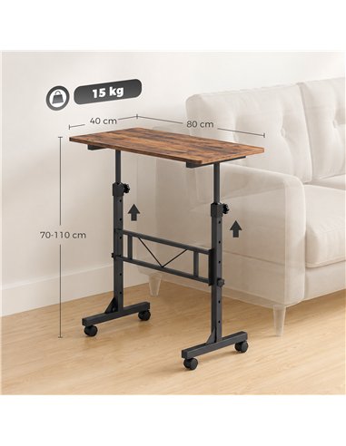 HOMCOM Overbed Table Adjustable Height Sofa Side Table with Wheels 80 x 40 cm Rustic Brown Black