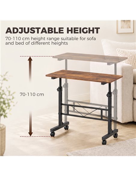 HOMCOM Overbed Table Adjustable Height Sofa Side Table with Wheels 80 x 40 cm Rustic Brown Black - pic 209595 | FastDaddyshop