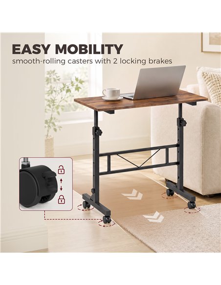 HOMCOM Overbed Table Adjustable Height Sofa Side Table with Wheels 80 x 40 cm Rustic Brown Black - pic 209596 | FastDaddyshop