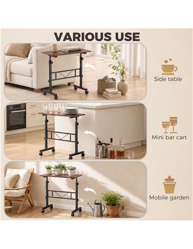 HOMCOM Overbed Table Adjustable Height Sofa Side Table with Wheels 80 x 40 cm Rustic Brown Black