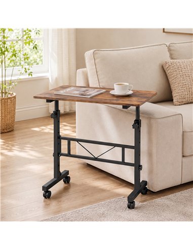 HOMCOM Overbed Table Adjustable Height Sofa Side Table with Wheels 80 x 40 cm Rustic Brown Black