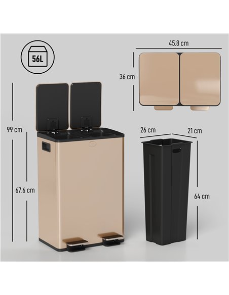 HOMCOM 56L Dual Compartment Stainless Steel Bin, with Deodoriser Holders - Gold Tone - pic 209621 | FastDaddyshop