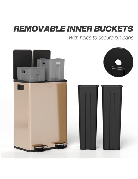 HOMCOM 56L Dual Compartment Stainless Steel Bin, with Deodoriser Holders - Gold Tone - pic 209625 | FastDaddyshop