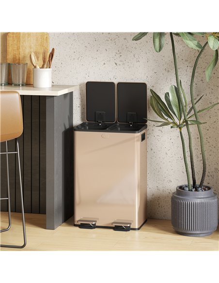 HOMCOM 56L Dual Compartment Stainless Steel Bin, with Deodoriser Holders - Gold Tone - pic 209627 | FastDaddyshop