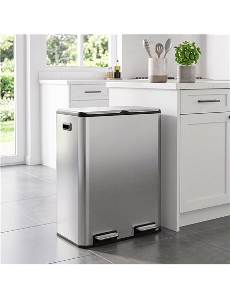 HOMCOM 2 x 30L Double Kitchen Bin, Stainless Steel Pedal Rubbish Bin with Dual Compartments, Soft Close Lids, Silver Tone - pic 209629 | FastDaddyshop