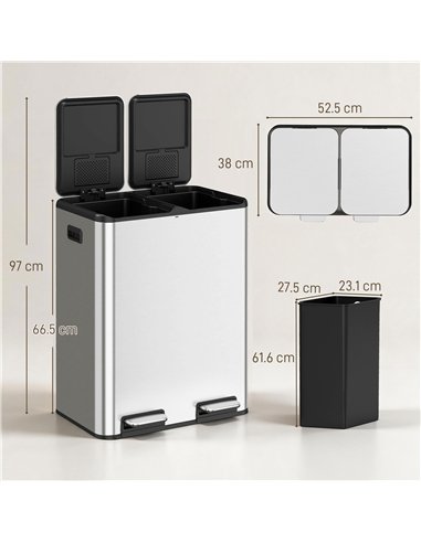 HOMCOM 2 x 30L Double Kitchen Bin, Stainless Steel Pedal Rubbish Bin with Dual Compartments, Soft Close Lids, Silver Tone