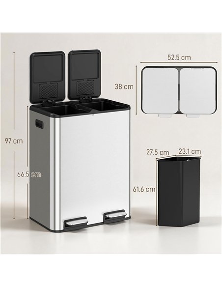 HOMCOM 2 x 30L Double Kitchen Bin, Stainless Steel Pedal Rubbish Bin with Dual Compartments, Soft Close Lids, Silver Tone - pic 209630 | FastDaddyshop