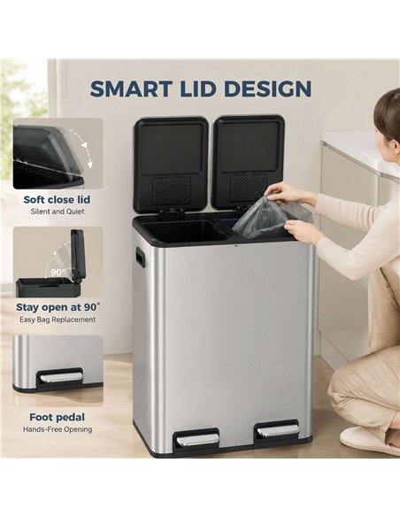 HOMCOM 2 x 30L Double Kitchen Bin, Stainless Steel Pedal Rubbish Bin with Dual Compartments, Soft Close Lids, Silver Tone - pic 209632 | FastDaddyshop