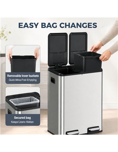 HOMCOM 2 x 30L Double Kitchen Bin, Stainless Steel Pedal Rubbish Bin with Dual Compartments, Soft Close Lids, Silver Tone