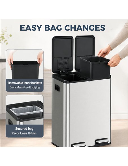 HOMCOM 2 x 30L Double Kitchen Bin, Stainless Steel Pedal Rubbish Bin with Dual Compartments, Soft Close Lids, Silver Tone - pic 209634 | FastDaddyshop