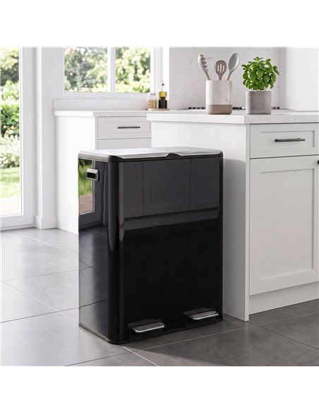 HOMCOM 2 x 30L Double Kitchen Bin, Stainless Steel Pedal Rubbish Bin with Dual Compartments, Soft Close Lids, High Gloss Black - pic 209638 | FastDaddyshop