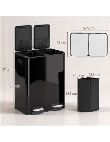 HOMCOM 2 x 30L Double Kitchen Bin, Stainless Steel Pedal Rubbish Bin with Dual Compartments, Soft Close Lids, High Gloss Black