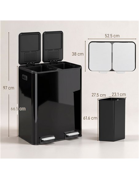HOMCOM 2 x 30L Double Kitchen Bin, Stainless Steel Pedal Rubbish Bin with Dual Compartments, Soft Close Lids, High Gloss Black - pic 209639 | FastDaddyshop