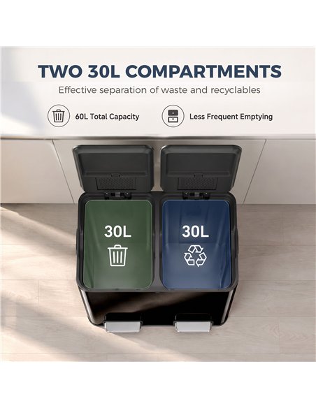 HOMCOM 2 x 30L Double Kitchen Bin, Stainless Steel Pedal Rubbish Bin with Dual Compartments, Soft Close Lids, High Gloss Black - pic 209640 | FastDaddyshop