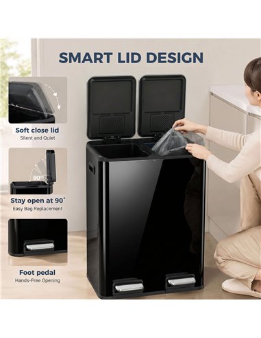 HOMCOM 2 x 30L Double Kitchen Bin, Stainless Steel Pedal Rubbish Bin with Dual Compartments, Soft Close Lids, High Gloss Black
