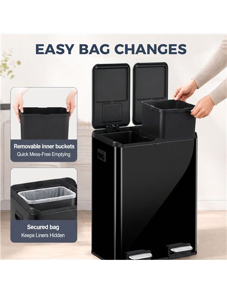 HOMCOM 2 x 30L Double Kitchen Bin, Stainless Steel Pedal Rubbish Bin with Dual Compartments, Soft Close Lids, High Gloss Black - pic 209643 | FastDaddyshop