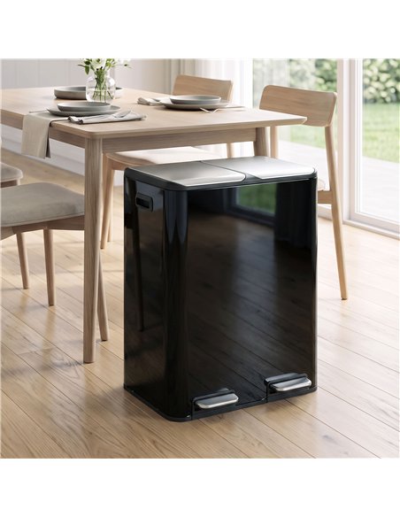 HOMCOM 2 x 30L Double Kitchen Bin, Stainless Steel Pedal Rubbish Bin with Dual Compartments, Soft Close Lids, High Gloss Black - pic 209644 | FastDaddyshop
