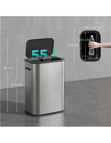 HOMCOM 55L Sensor Bin for Kitchen, Touchless Automatic Waste Rubbish Bin, Stainless Steel, Battery Operated, Silver Tone