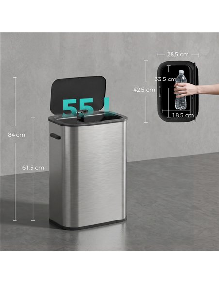 HOMCOM 55L Sensor Bin for Kitchen, Touchless Automatic Waste Rubbish Bin, Stainless Steel, Battery Operated, Silver Tone - pic 209648 | FastDaddyshop