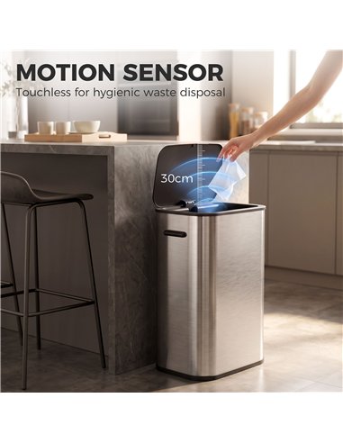 HOMCOM 55L Sensor Bin for Kitchen, Touchless Automatic Waste Rubbish Bin, Stainless Steel, Battery Operated, Silver Tone