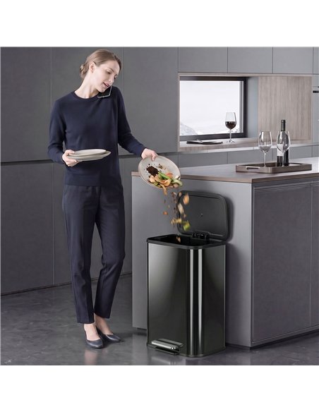 HOMCOM 50L Kitchen Bin, Metal Pedal Rubbish Bin with Soft Close and Stay-Open Lid, Removable Inner Bucket, High Gloss Black - pic 209656 | FastDaddyshop