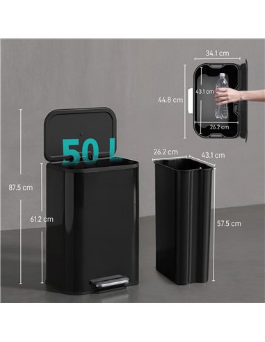 HOMCOM 50L Kitchen Bin, Metal Pedal Rubbish Bin with Soft Close and Stay-Open Lid, Removable Inner Bucket, High Gloss Black
