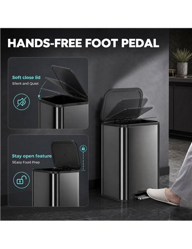 HOMCOM 50L Kitchen Bin, Metal Pedal Rubbish Bin with Soft Close and Stay-Open Lid, Removable Inner Bucket, High Gloss Black
