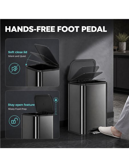 HOMCOM 50L Kitchen Bin, Metal Pedal Rubbish Bin with Soft Close and Stay-Open Lid, Removable Inner Bucket, High Gloss Black - pic 209659 | FastDaddyshop