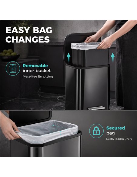 HOMCOM 50L Kitchen Bin, Metal Pedal Rubbish Bin with Soft Close and Stay-Open Lid, Removable Inner Bucket, High Gloss Black - pic 209660 | FastDaddyshop