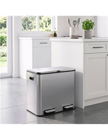 HOMCOM 2 x 20L Double Kitchen Bin, Stainless Steel Pedal Rubbish Bin with Dual Compartments, Soft Close Lids, Silver Tone