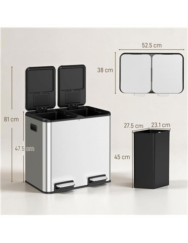 HOMCOM 2 x 20L Double Kitchen Bin, Stainless Steel Pedal Rubbish Bin with Dual Compartments, Soft Close Lids, Silver Tone