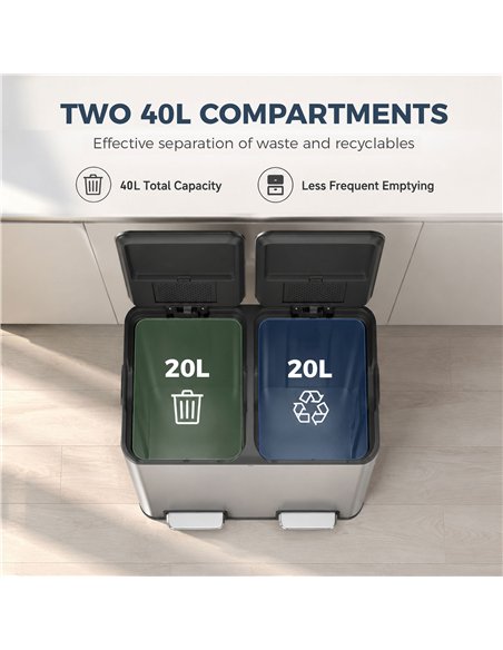 HOMCOM 2 x 20L Double Kitchen Bin, Stainless Steel Pedal Rubbish Bin with Dual Compartments, Soft Close Lids, Silver Tone - pic 209667 | FastDaddyshop