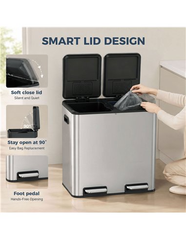 HOMCOM 2 x 20L Double Kitchen Bin, Stainless Steel Pedal Rubbish Bin with Dual Compartments, Soft Close Lids, Silver Tone