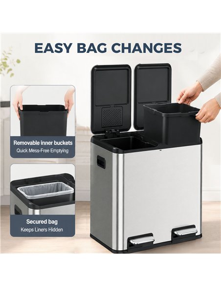 HOMCOM 2 x 20L Double Kitchen Bin, Stainless Steel Pedal Rubbish Bin with Dual Compartments, Soft Close Lids, Silver Tone - pic 209670 | FastDaddyshop