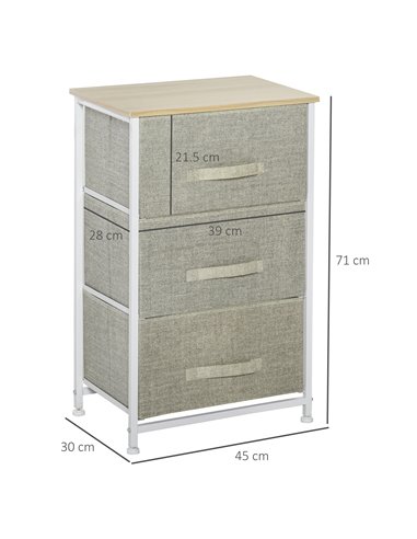 HOMCOM Vertical 3-Tier Linen Drawer Cabinet, with Metal Frame, Light Grey
