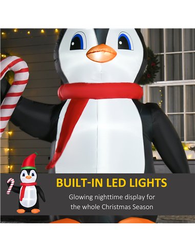 HOMCOM 8ft Inflatable Christmas Penguin Holding Candy Cane Blow Up Outdoor Decoration with LED Lights for Holiday