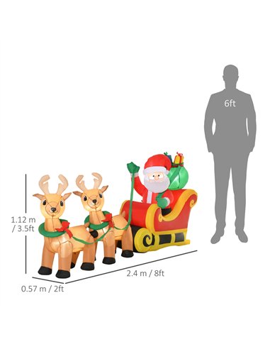 HOMCOM 8ft Christmas Inflatable Santa Claus on Sleigh, LED Lighted for Home Indoor Outdoor Garden Lawn Decoration Party Prop