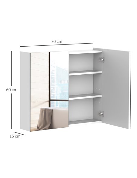 HOMCOM Bathroom Mirror Storage Cabinet Wall Mounted Double Doors Cupboard with Adjustable Shelf 60H x 70W x 15Dcm - White - pic 20987 | FastDaddyshop
