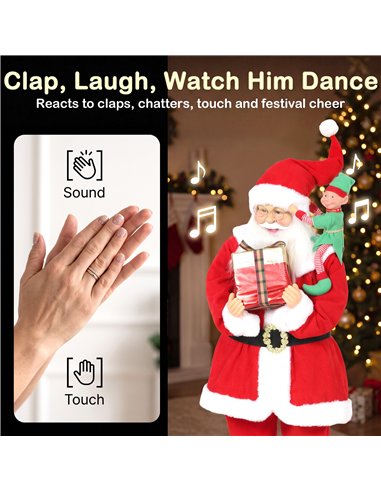 HOMCOM 4ft Singing Dancing Santa Claus, Standing Christmas Animated Santa Figure with Elf, Gift Box, Sound/Touch Activated