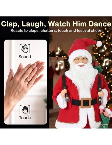 HOMCOM 4ft Singing Dancing Santa Claus, Standing Christmas Animated Santa Figure with Sack, Hanging Elf, Sound/Touch Activated
